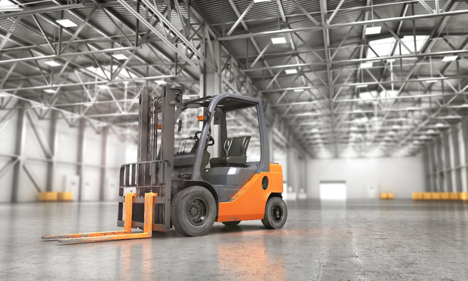 Concept of warehouse. The forklift in the empty big warehouse on blurred background. 3d illustration